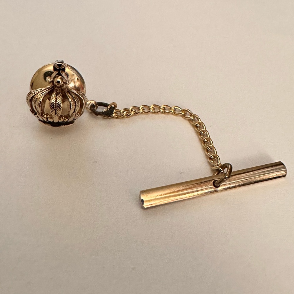 Gold Tone Royal Crown Tie Tack with Chain